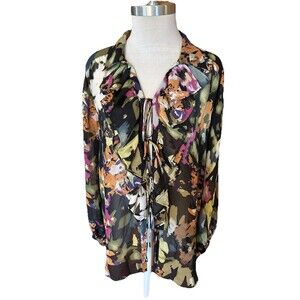 Cabi Sheer Blouse Dark Floral Tie Front Sz Medium Ruffle Romantic Cottage Core